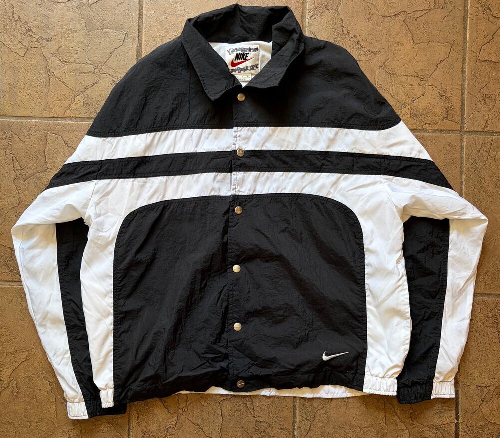 Vintage 90s Nike Windbreaker Snap Front Jacket Black White Colorblock Mens M